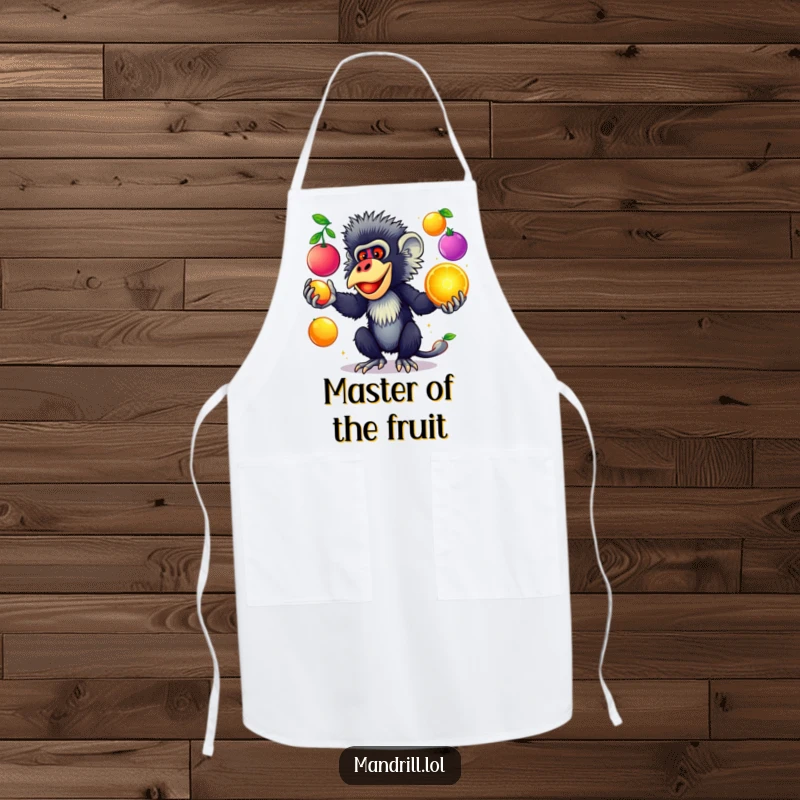 Funny Mandrill Apron: A mandrill with striking colors juggles colorful, glowing fruits, bringing humorous kitchen protection.