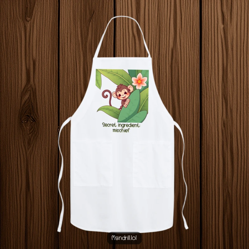Funny Monkey Apron: A mischievous monkey with a curly tail peeks from behind a giant jungle flower, ready to cook.