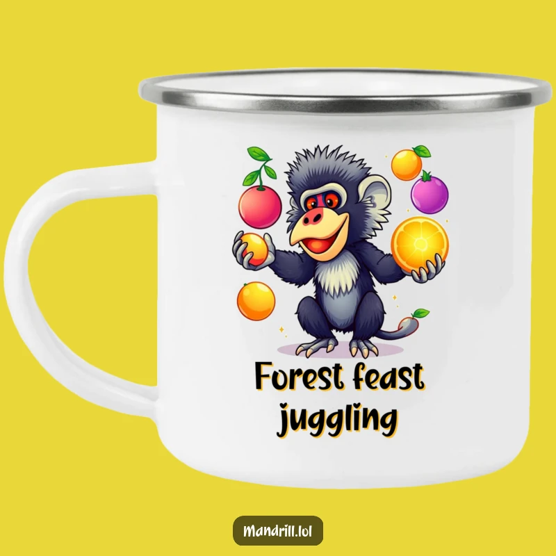 Funny Mandrill Juggling Camping Mug: Outdoor Fun with Glowing Fruit