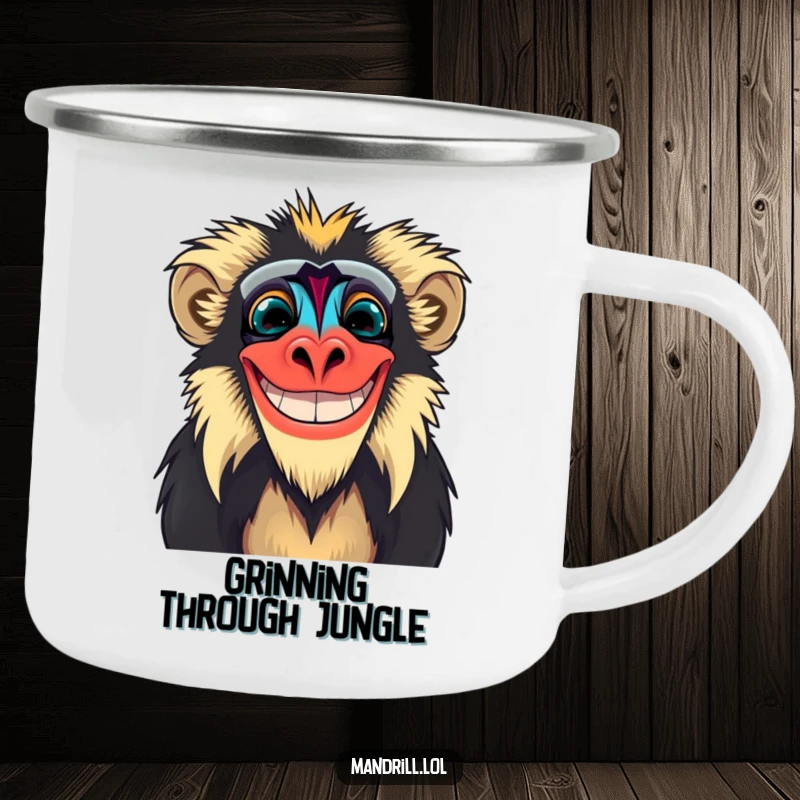 Funny Mandrill Camping Mug: A mandrill with vibrant face colors grins widely, perfect for humorous outdoor drinks.