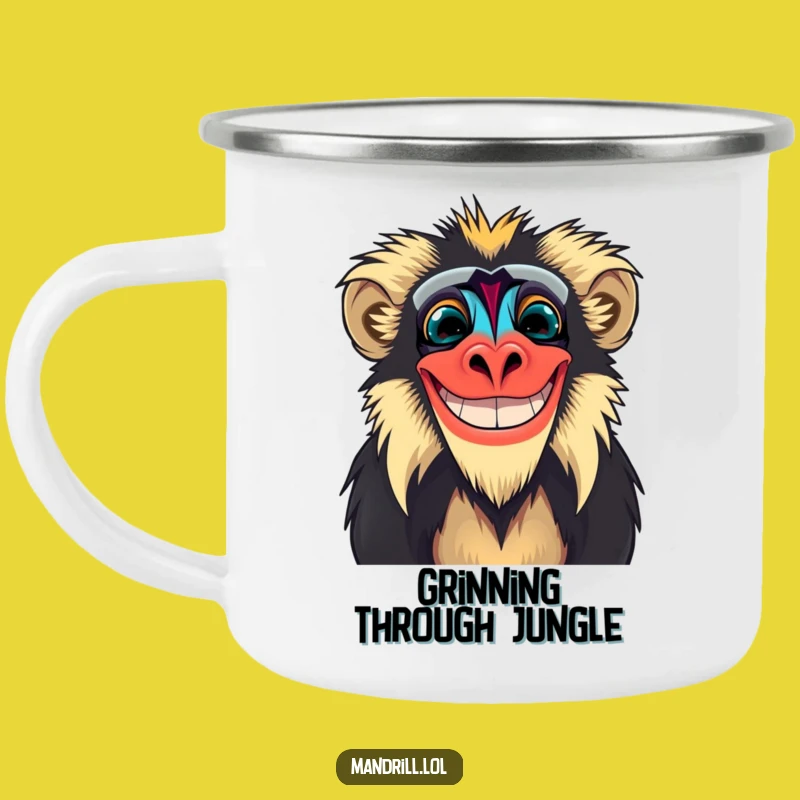 Funny Mandrill Grin Camping Mug: Outdoor Humor with Vibrant Primate Style