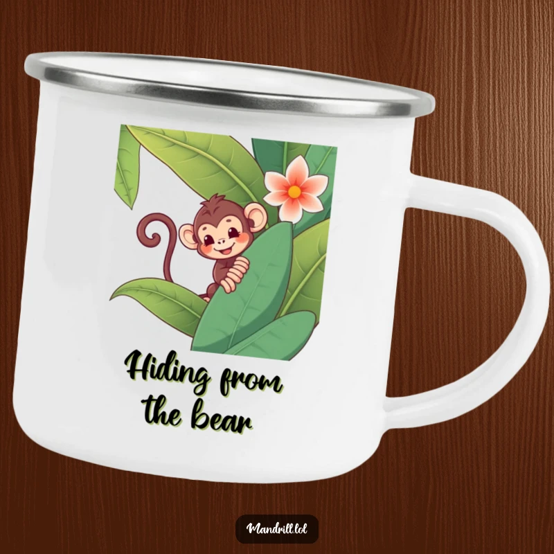 Funny Monkey Camping Mug: A mischievous monkey with a curly tail peeks from behind a giant jungle flower, perfect for outdoors.