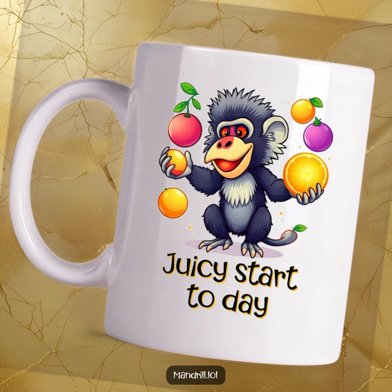 Funny Mandrill Mug: A mandrill with striking colors playfully juggles glowing, colorful fruits in a comical juggling act.