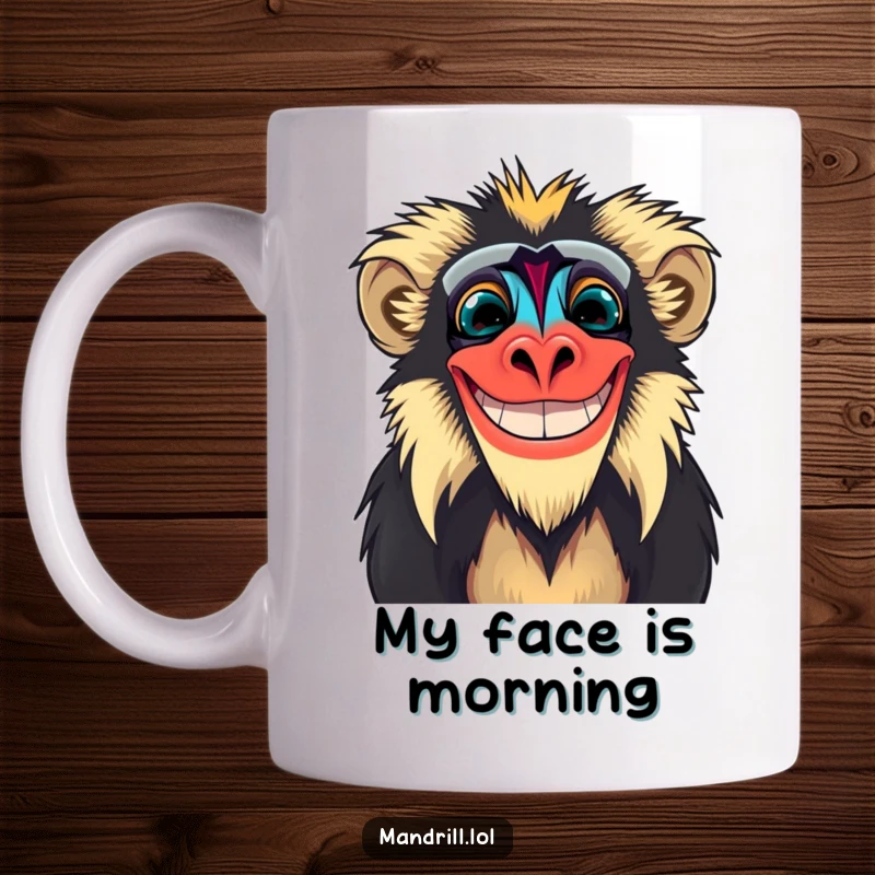 Funny Mandrill Mug: A mandrill with exaggerated, vibrant face colors grins widely, radiating cheerful, colorful energy.