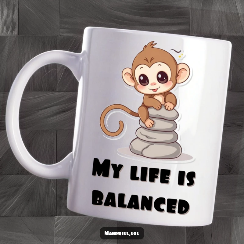 Funny Monkey Stone Balance Mug: A small monkey with bright eyes tries to balance a tall stack of smooth stones, showing focus.