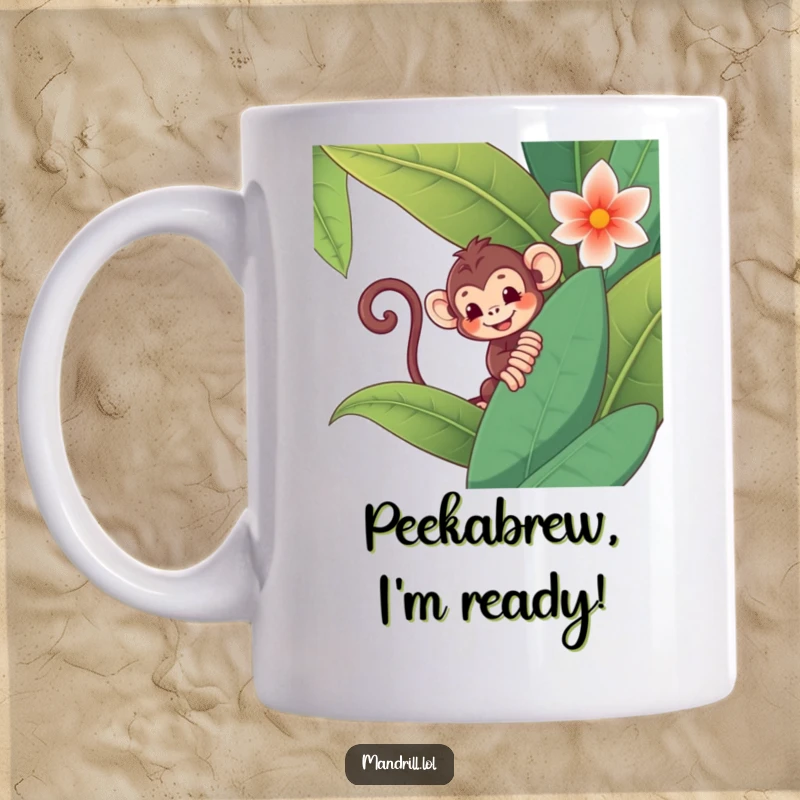 Funny Monkey Mug: A mischievous monkey with a curly tail peeks playfully from behind a giant jungle flower, showcasing jungle fun.