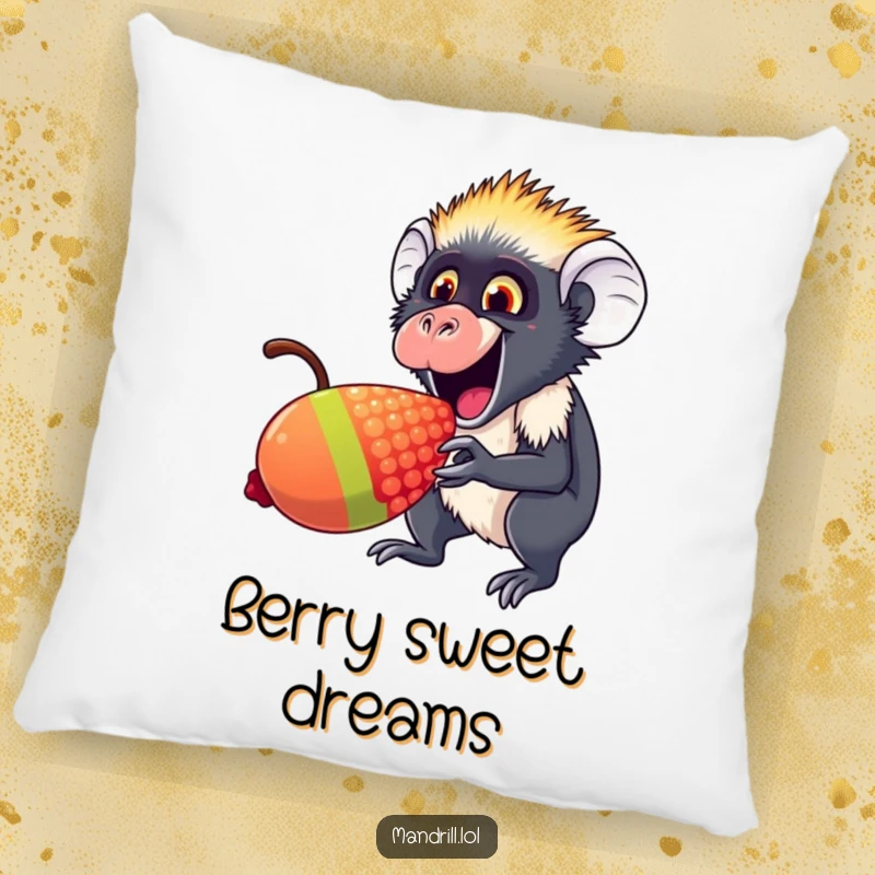 Funny Mandrill Pillow: An excited mandrill nibbles a giant rainbow berry, offering soft, joyful decor.