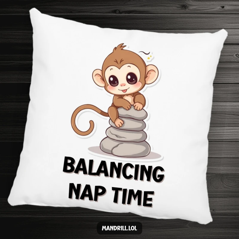 Funny Monkey Pillow: A small monkey with bright eyes tries to balance a pile of smooth stones, looking peaceful.