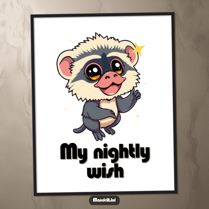 Funny Mandrill Digital Art Print: A mandrill with bright eyes watches a sparkling shooting star, offering instant, whimsical humor.