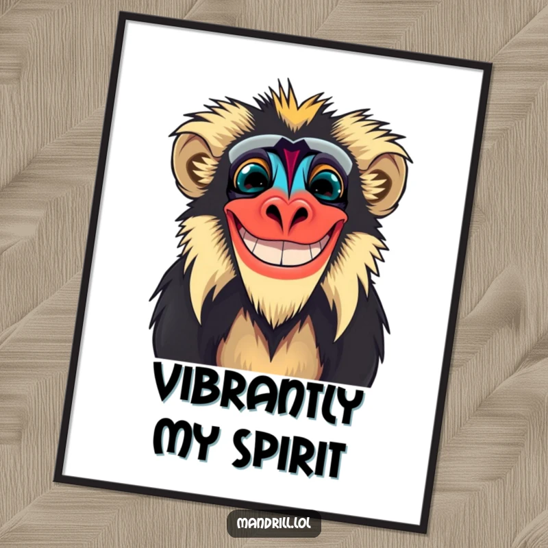 Funny Mandrill Digital Art Print: A mandrill with vibrant facial colors grins widely, offering instant, humorous primate art.