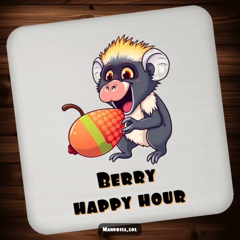 Funny Mandrill Coaster Set: Mandrill with an excited expression nibbles a giant rainbow berry, offering humorous surface protection.