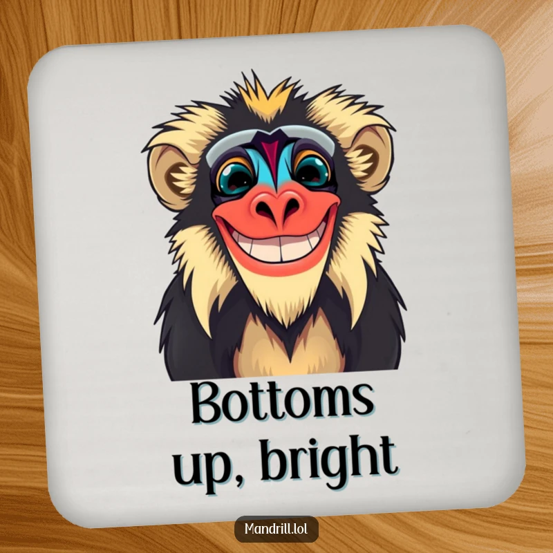 Funny Mandrill Coaster Set: Mandrill with exaggerated facial colors grins widely, offering humorous surface protection.
