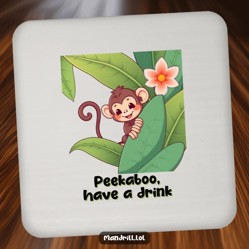Funny Monkey Coaster: A playful monkey with a curly tail peeks from behind a giant jungle flower, adding charm.