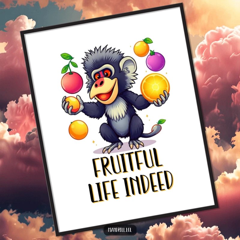 Funny Mandrill Poster: A mandrill with striking colors juggles colorful, glowing fruits, creating vibrant and humorous wall art.