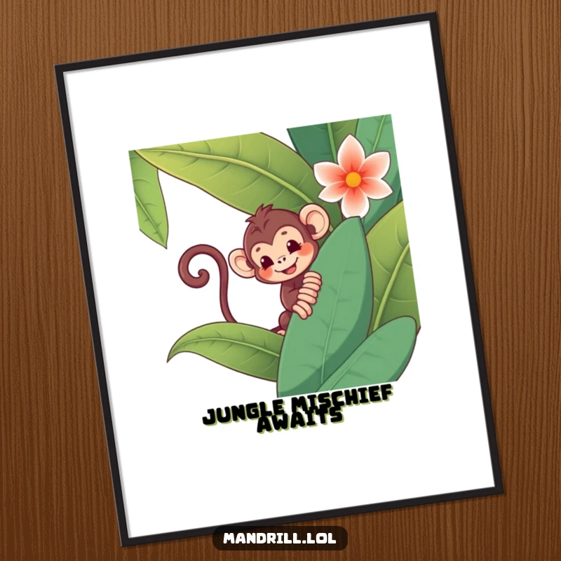 Funny Monkey Poster: A playful monkey with a curly tail peeks from behind a large jungle flower, creating a fun scene.