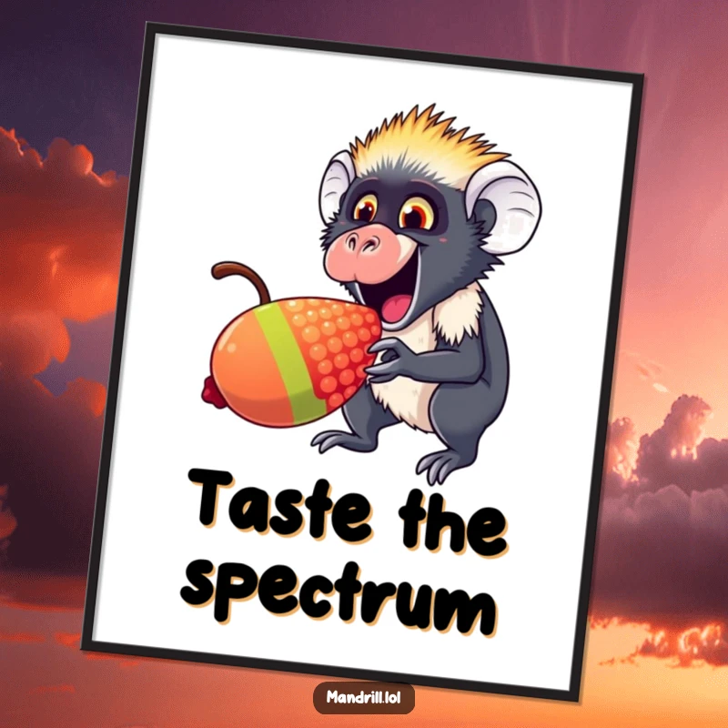 Funny Mandrill Poster: A mandrill with an excited expression nibbles a giant rainbow berry, creating joyous and humorous wall art.