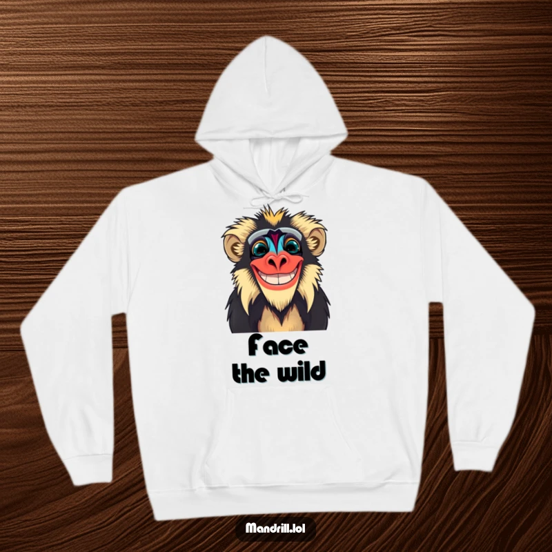 Funny Mandrill Hoodie: A mandrill with exaggerated facial colors wears a wide, infectious grin for cozy, humorous wear.