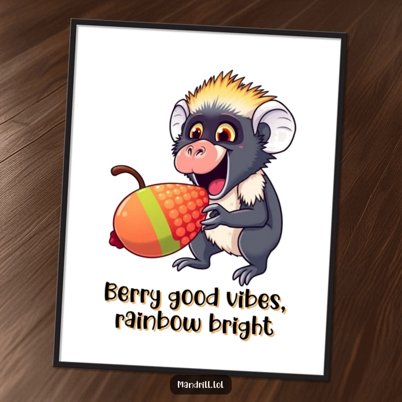 Funny Free Printable Wall Art: A mandrill with an excited expression gleefully eating a huge rainbow berry.