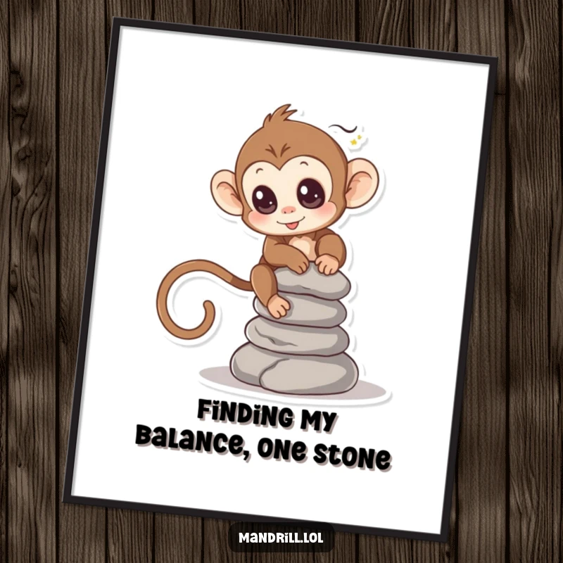 Funny Free Printable Monkey Wall Art: Lively monkey with bright eyes attempting to balance a tall stack of smooth stones.