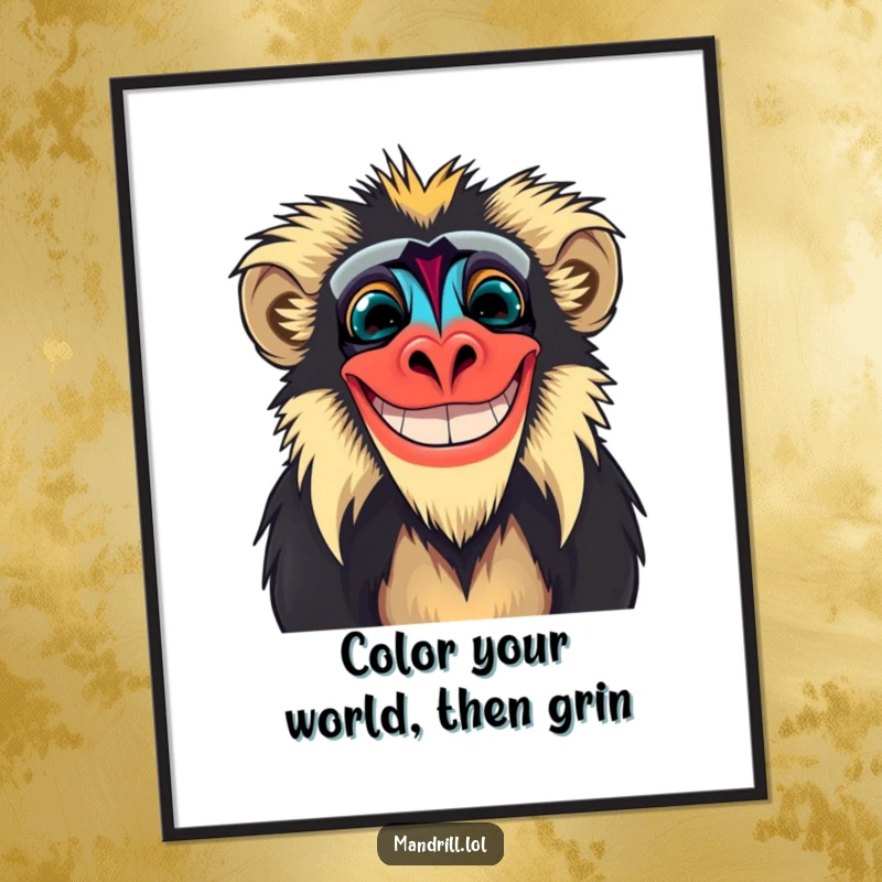 Funny Free Printable Wall Art: A mandrill with vibrant, exaggerated facial colors, beaming with a huge grin.