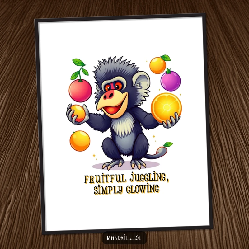 Funny Free Printable Wall Art: A vividly colored mandrill artfully juggling multiple glowing fruits.