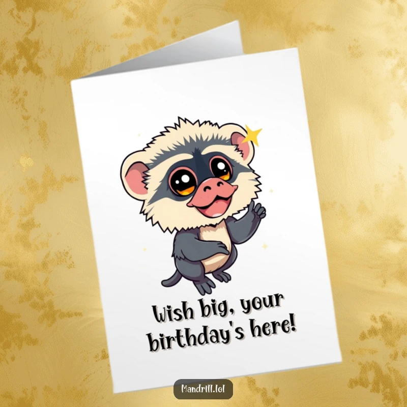 Funny Free Printable Birthday Card: A mandrill with bright eyes gazing at a sparkling shooting star.