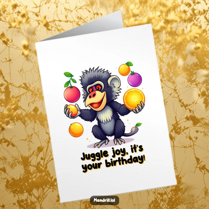 Funny Free Printable Birthday Card: A colorful mandrill playfully juggling glowing fruits on their birthday.