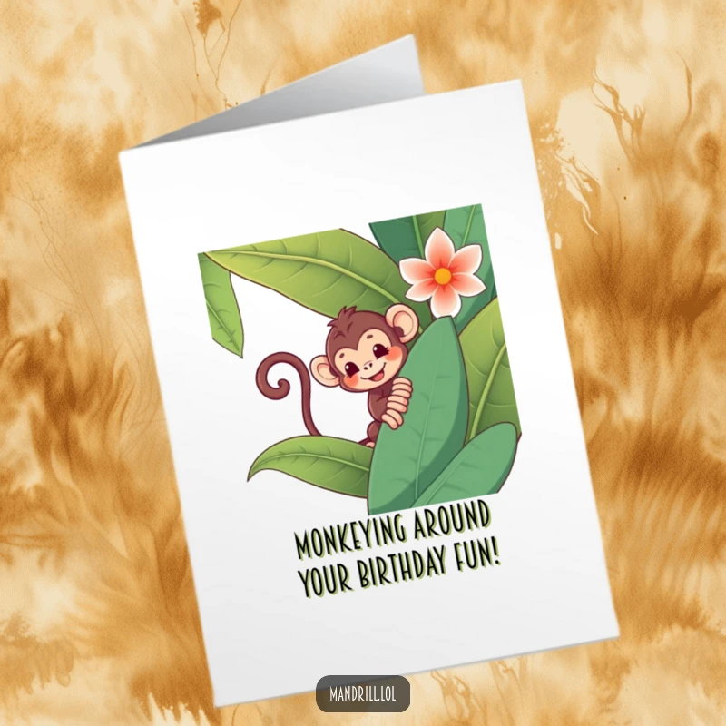 Funny Free Printable Monkey Birthday Card: Mischievous monkey peeking from a jungle flower, ready to wish a happy birthday.