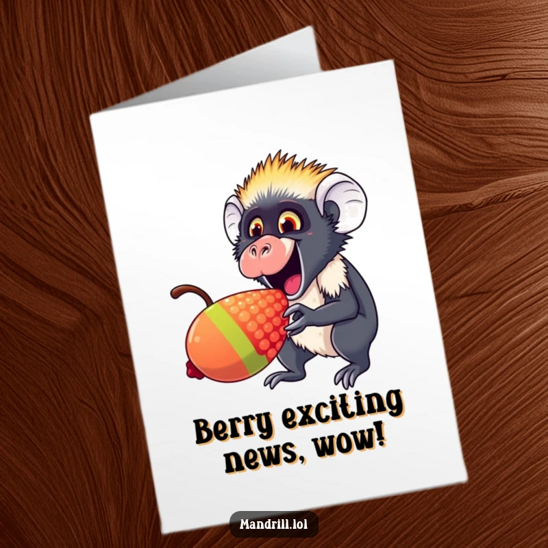 Funny Free Printable Congrats Card: A mandrill with an excited expression enjoying a giant rainbow berry.
