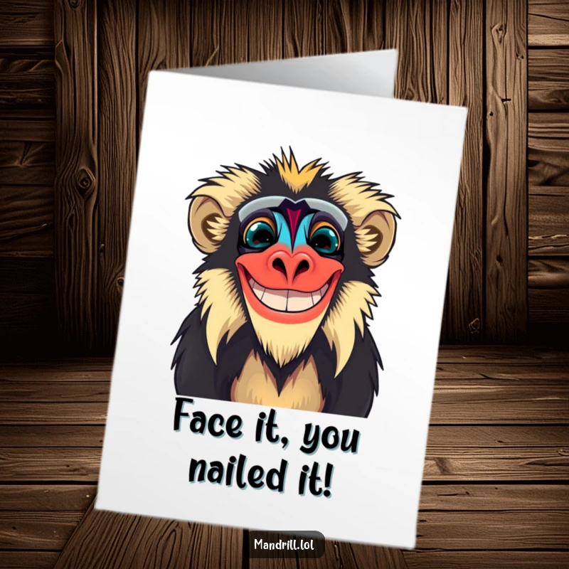 Funny Free Printable Congrats Card: A vividly colored mandrill grinning widely, celebrating an achievement.