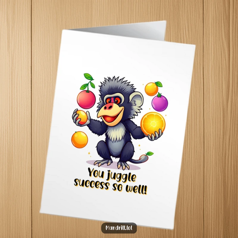 Funny Free Printable Congrats Card: A striking mandrill skillfully juggling glowing, colorful fruits in celebration.