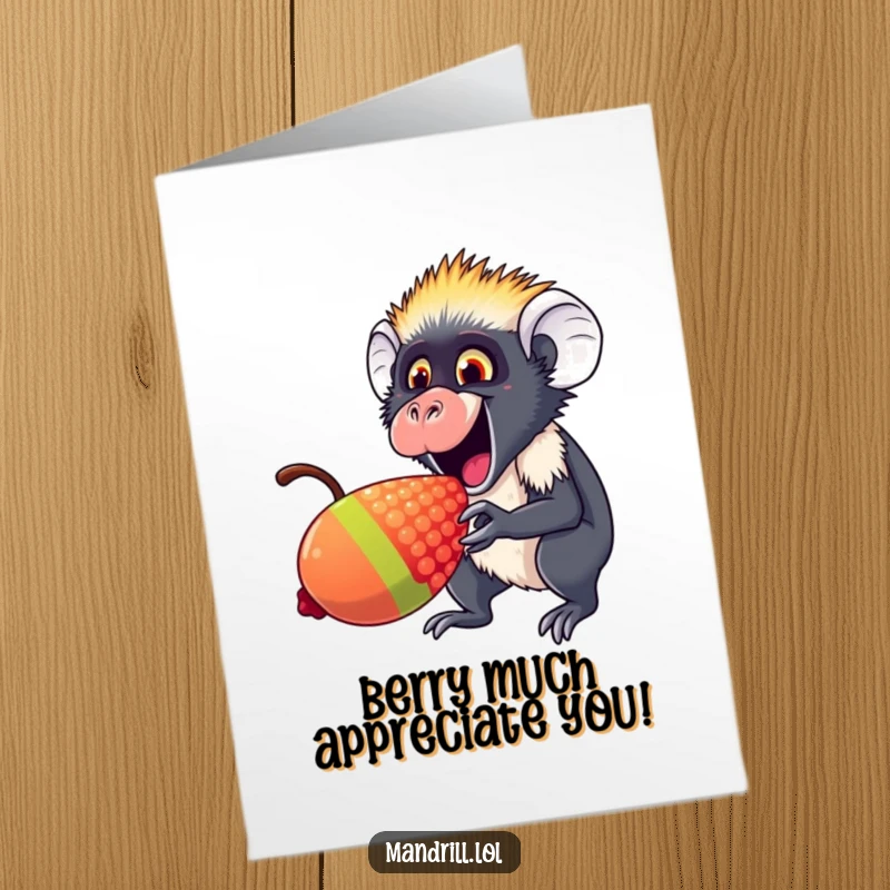 Funny Free Printable Thank You Card: An excited mandrill nibbling a giant, colorful rainbow berry.