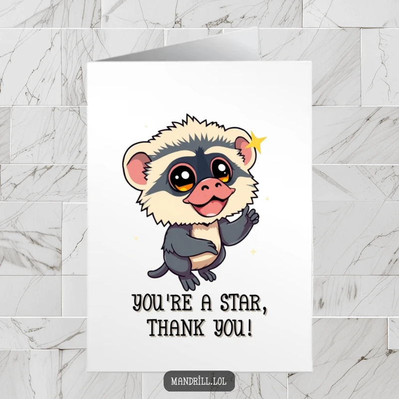 Funny Free Printable Thank You Card: A mandrill with bright eyes looking up at a twinkling shooting star.