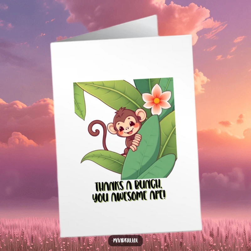 Funny Free Printable Monkey Thank You Card: Playful monkey peeking from a jungle flower, offering heartfelt thanks.