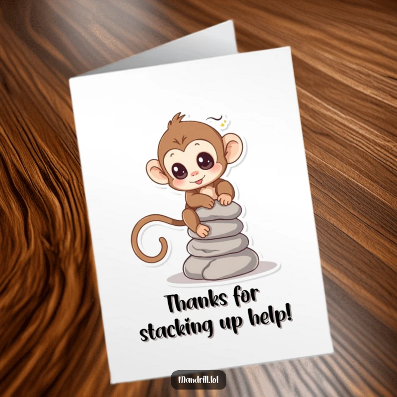 Funny Free Printable Monkey Thank You Card: Small monkey with bright eyes carefully balancing a stack of smooth stones.