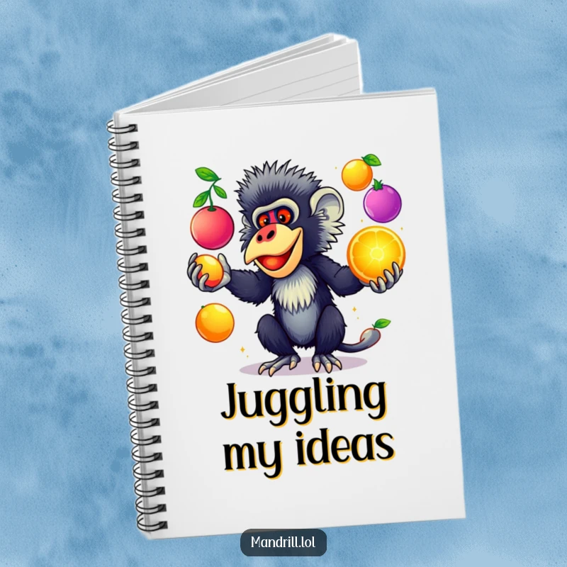 Funny Mandrill Notebook: A mandrill with striking colors juggles colorful, glowing fruits, ideal for capturing humorous plans.