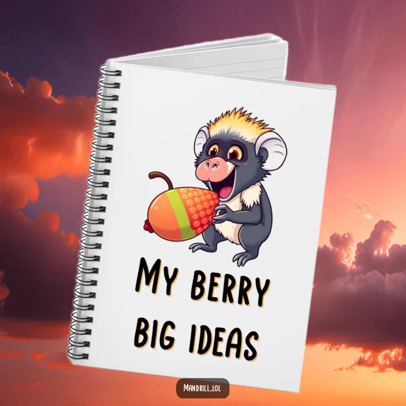 Funny Mandrill Notebook: An excited mandrill nibbles a giant rainbow berry, ideal for recording sweet inspirations.