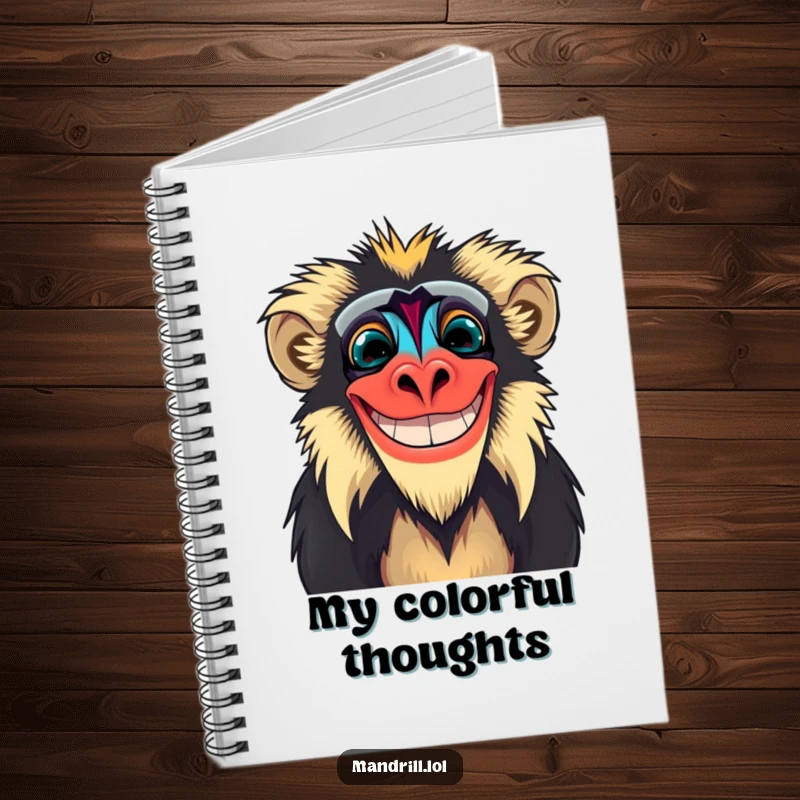 Funny Mandrill Notebook: A mandrill with exaggerated facial colors grins widely, ideal for jotting down humorous ideas.