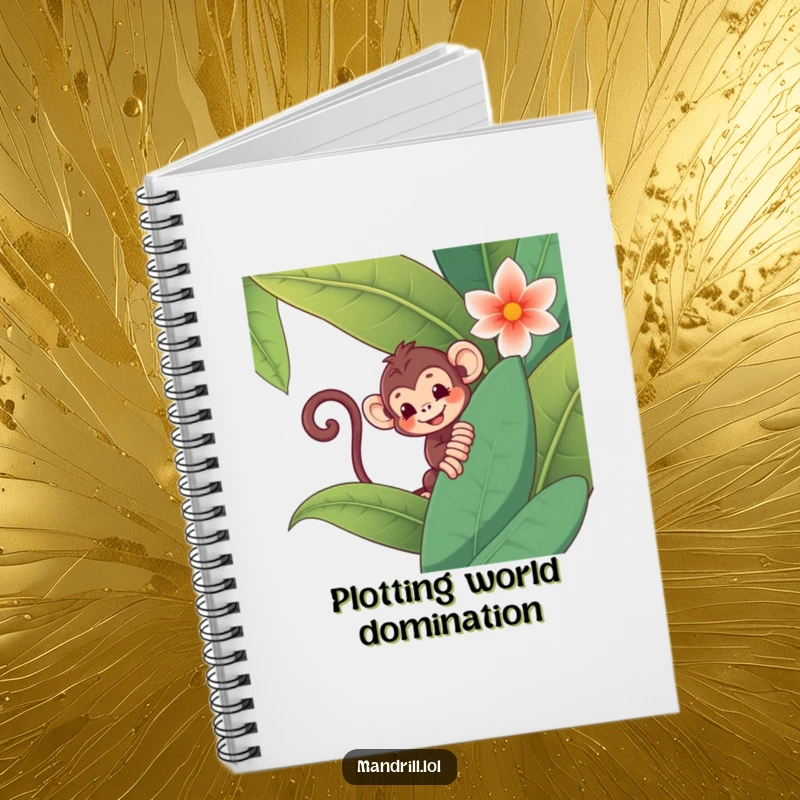 Funny Monkey Notebook: A playful monkey with a curly tail peeks from behind a giant jungle flower, ready for notes.