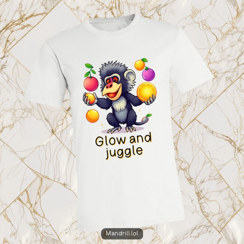 Funny Mandrill T-Shirt: A mandrill with striking colors juggles colorful, glowing fruits, showcasing playful, vibrant action.
