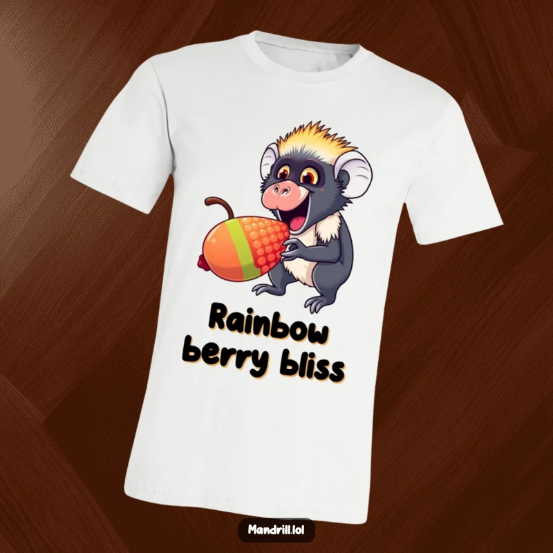 Funny Mandrill T-Shirt: A mandrill with an excited expression nibbles on a huge, colorful rainbow berry with delight.