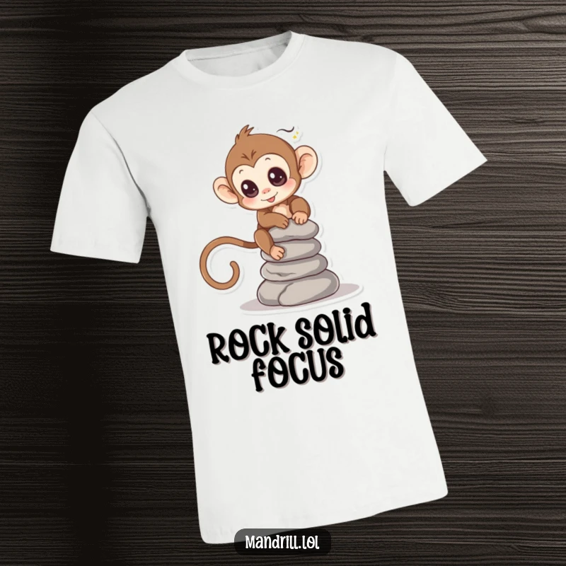 Funny Monkey T-Shirt: A small monkey with bright eyes is carefully balancing a stack of smooth stones, looking focused.