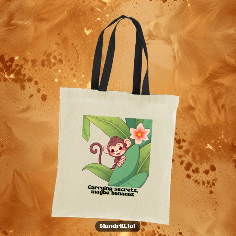 Funny Monkey Tote Bag: A playful monkey with a curly tail peeks from behind a big jungle flower, ready for adventure.