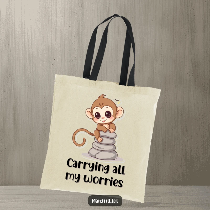Funny Monkey Tote Bag: A small monkey with bright eyes is balancing a stack of smooth stones, showing great skill.